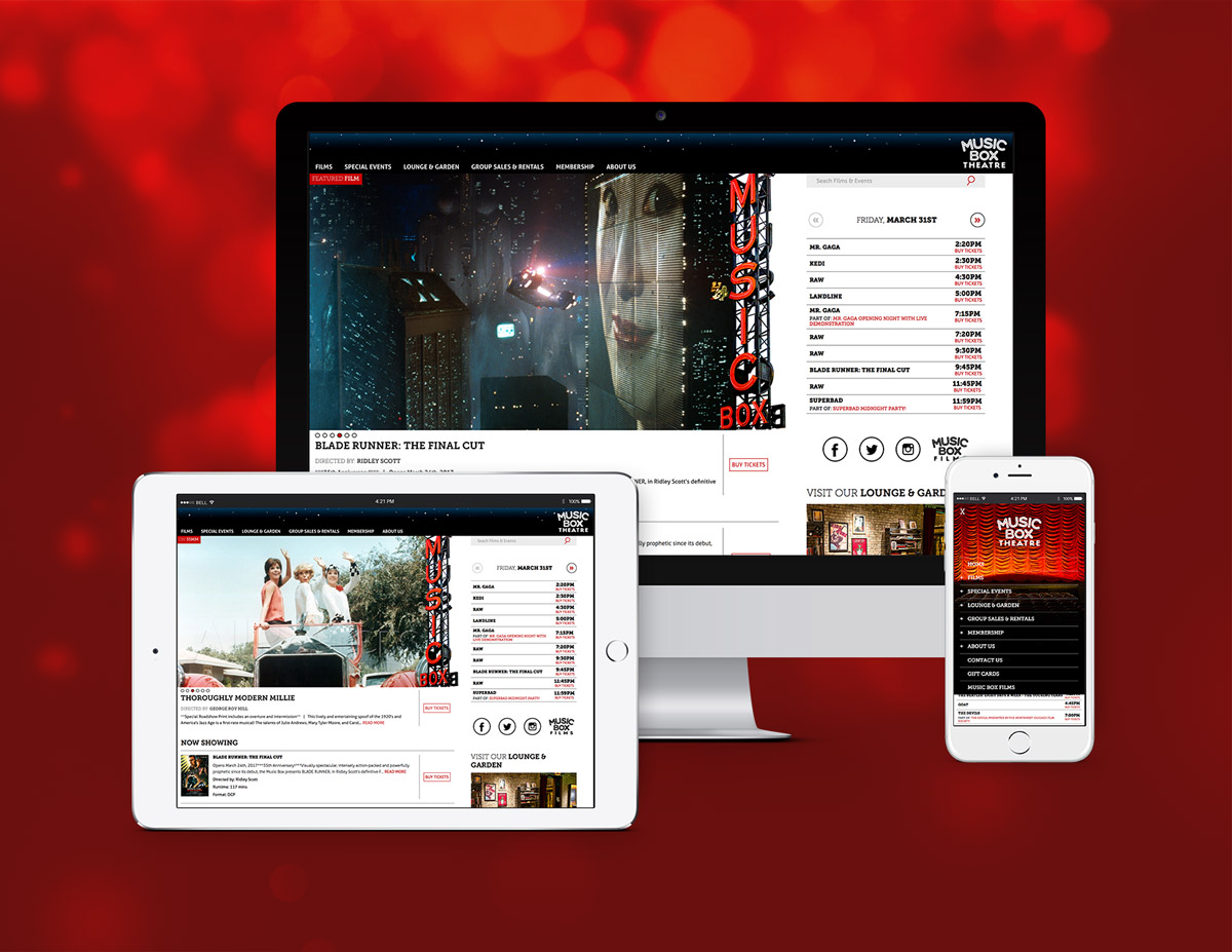 Music Box Theatre website on mobile, tablet and desktop devices.