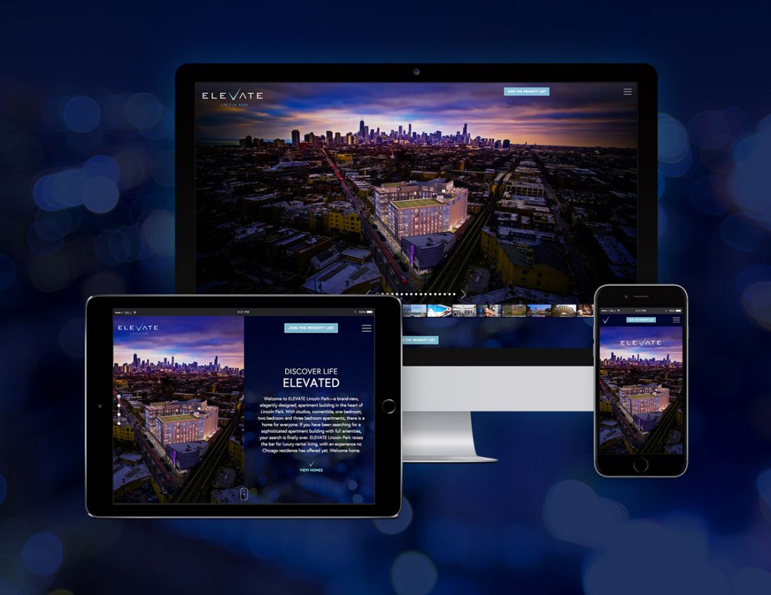 ELEVATE Lincoln Park website shown on desktop, tablet and mobile devices.