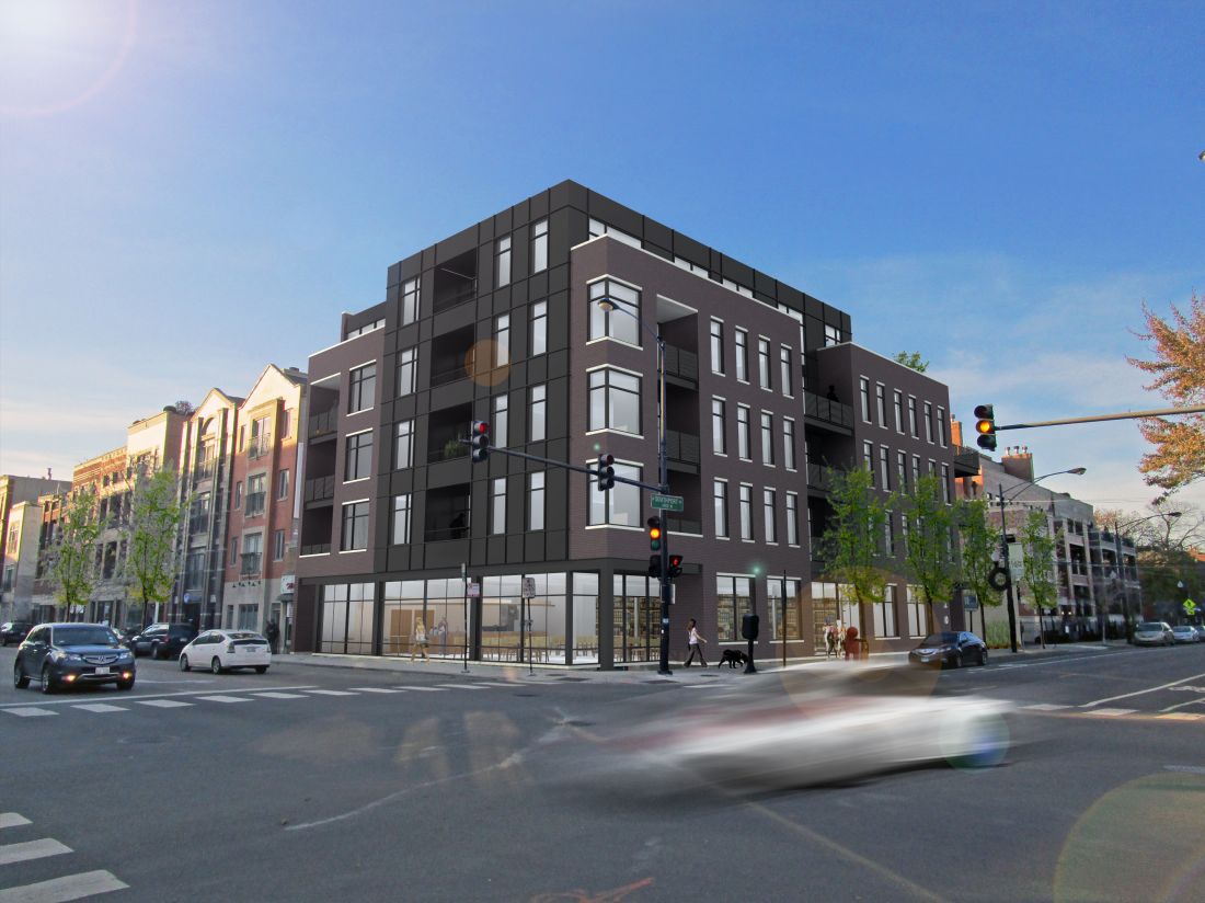 Luxury apartment building rendering at corner of Southport and Belmont