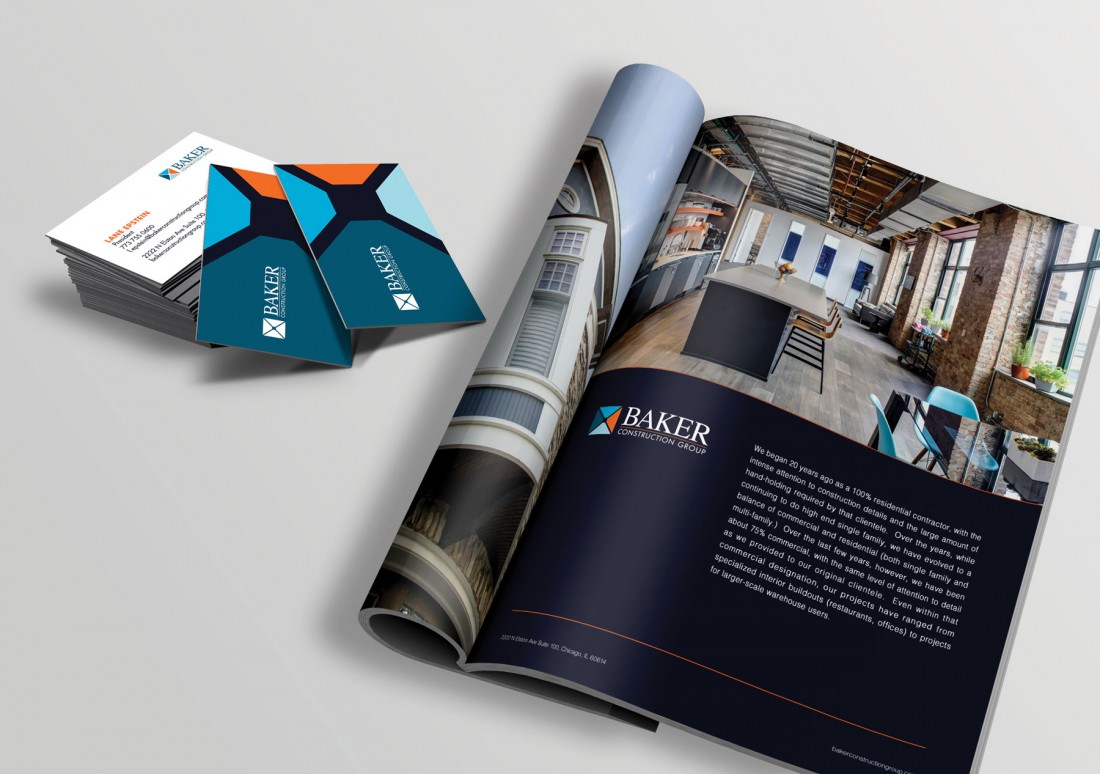 Business cards and magazine layout for Baker Construction Group's new visual identity