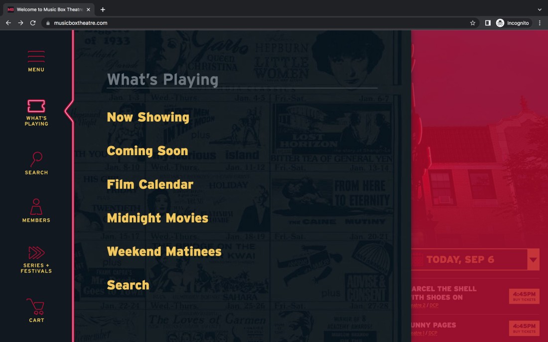 Example What's Playing slideout menu on musicboxtheatre.com