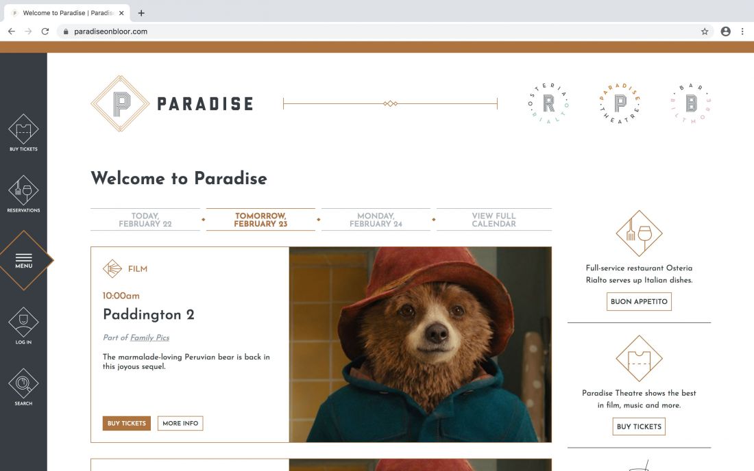 Home page of the Paradise Theatre website