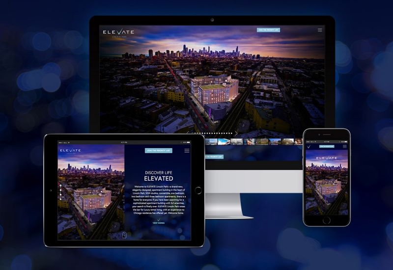 ELEVATE Lincoln Park luxury apartment website on mobile, tablet and desktop devices.