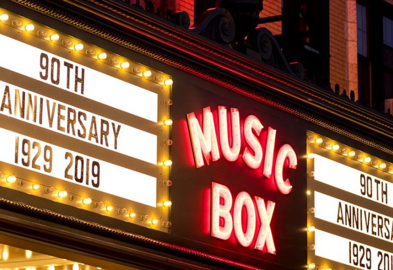 Chicago's Music Box Theatre marquee lit up at night reading: 90th Anniversary 1929 – 2019
