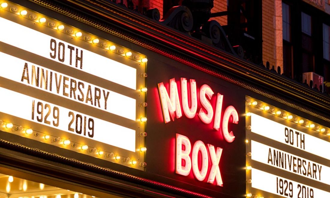 Chicago's Music Box Theatre marquee lit up at night reading: 90th Anniversary 1929 – 2019