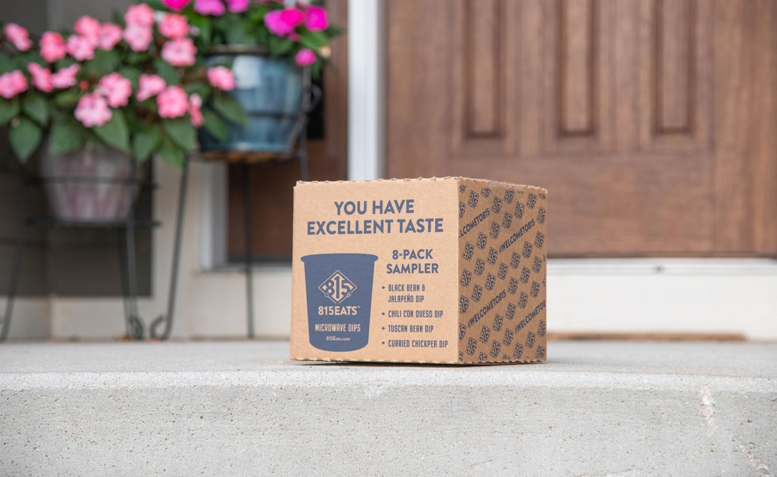 815Eats cardboard box delivered on front porch of a home