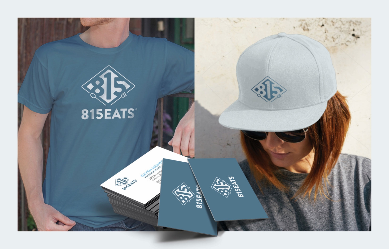 815Eats brand applied to a shirt, a hat and business cards