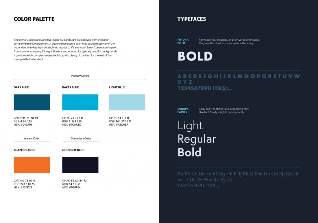 Color palette and typefaces for Baker Construction Group's new visual identity