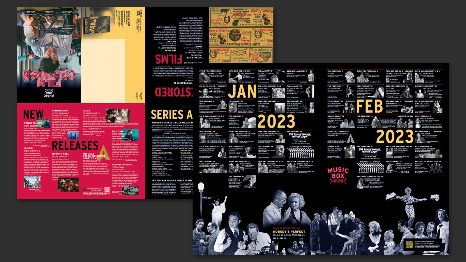 Full side one and side two layout of the January/February 2023 film schedule.