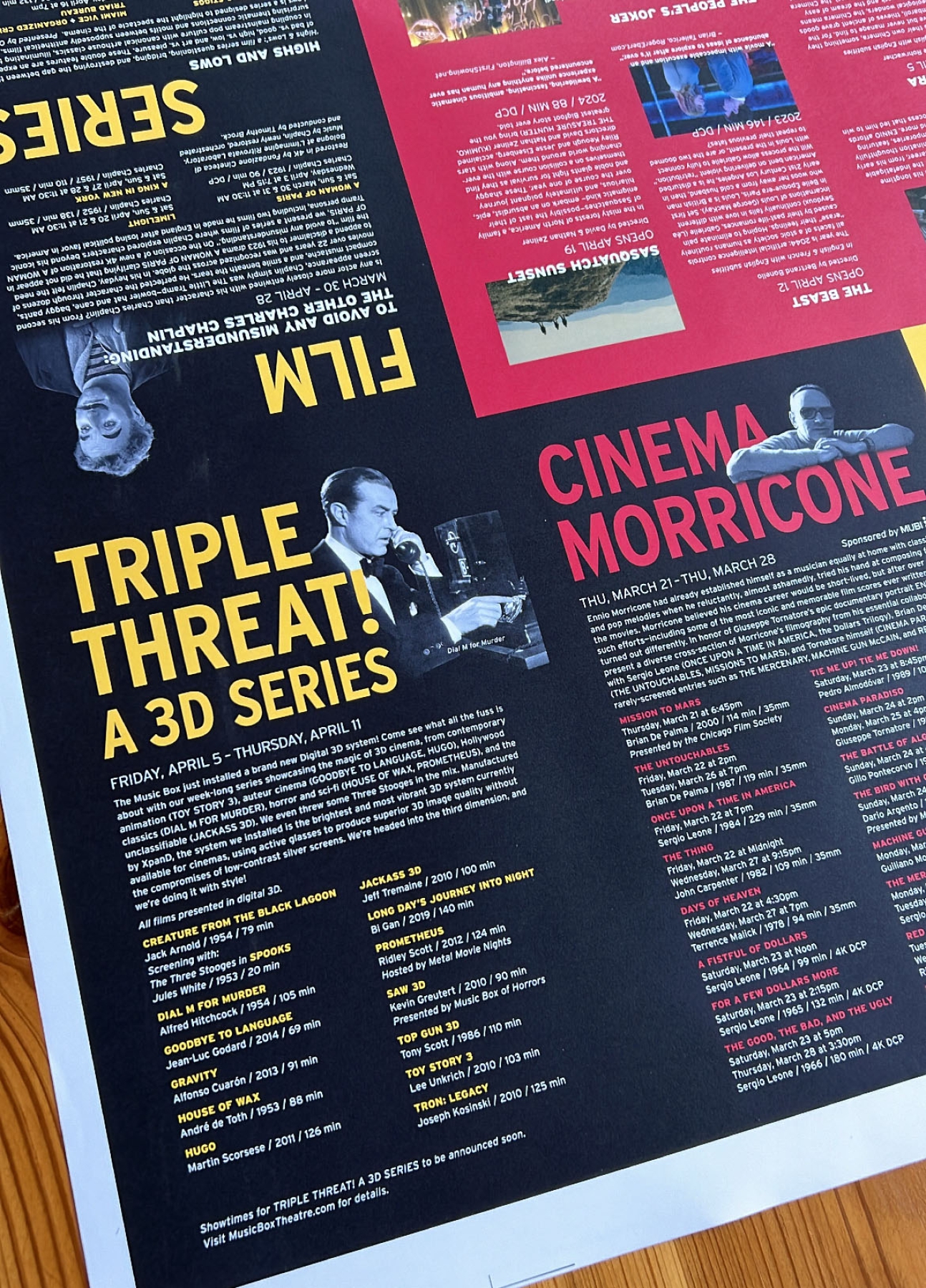 Close up photo of part of the March/April 2024 film schedule with information about Triple Threat: A 3D Series.