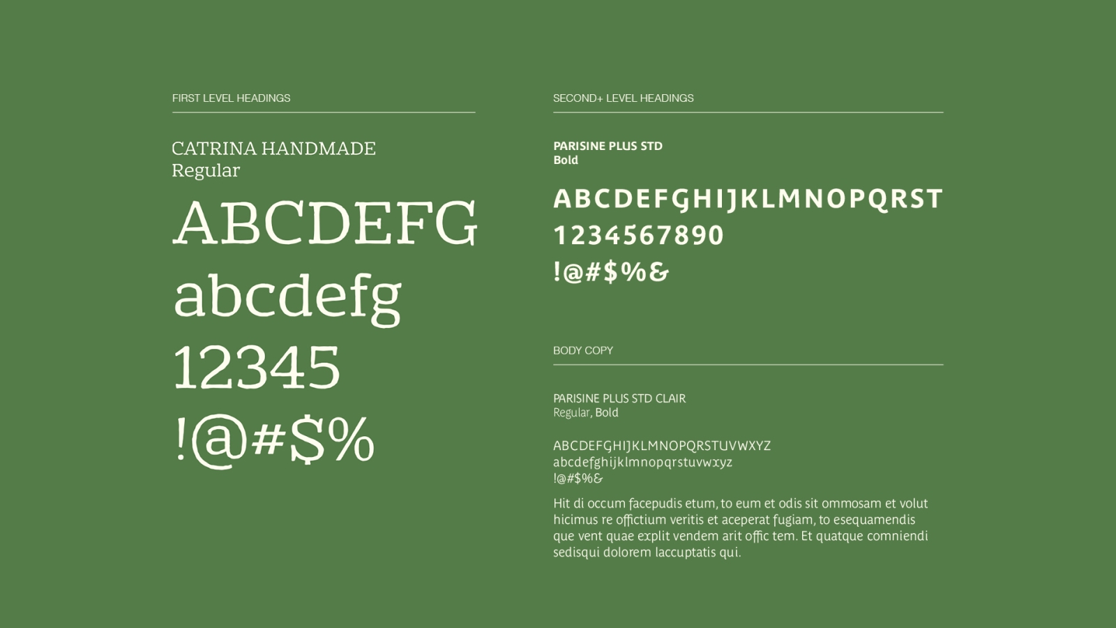 Goblin Market typefaces. First Level headings: Catrina handmade regular. Second+ level headings: Parisine Plus Std Bold. Body copy: Parisine Plus Std Clair Regular, Bold.