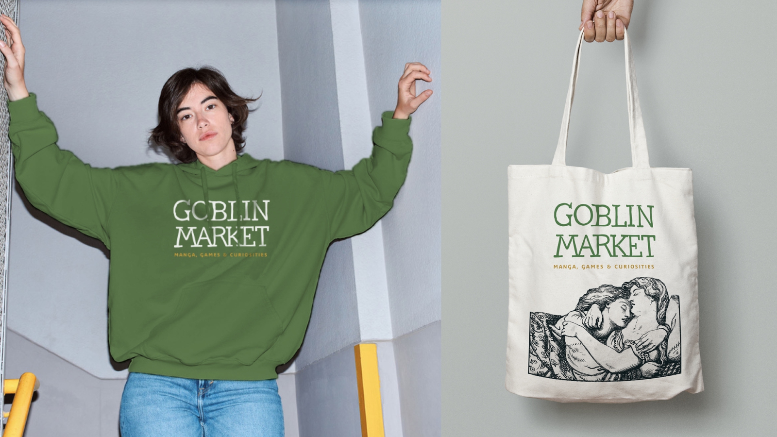 Green Goblin Market sweatshirt with logo. Canvas tote bag with logo and pen & ink illustration.