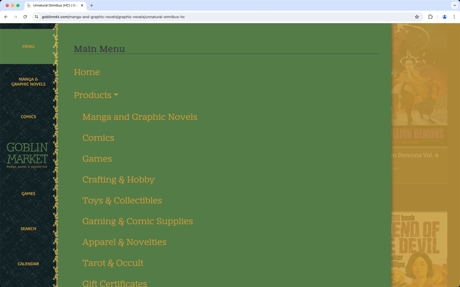 Goblin Market website slide out menu