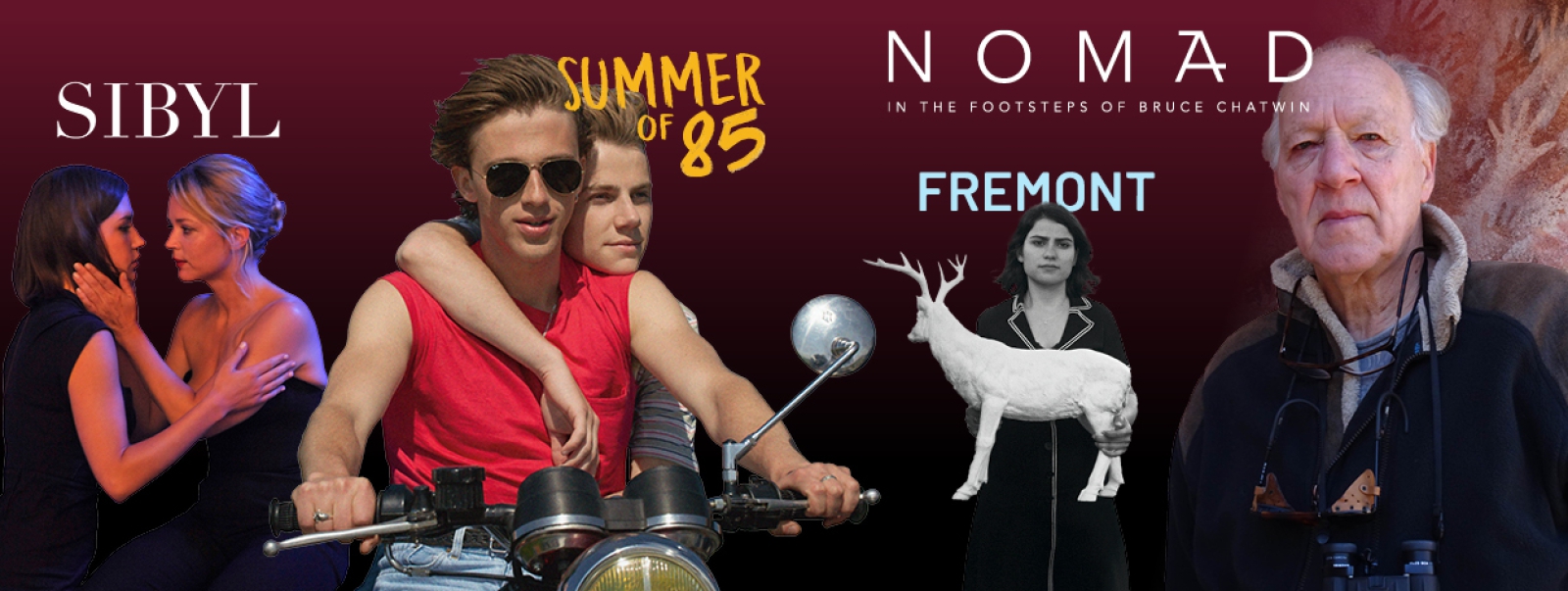 Window banner promoting films distributed by Music Box Films featuring Nomad and Summer of 85