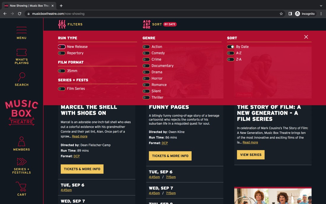 Example of filters and sort for content on musicboxtheatre.com