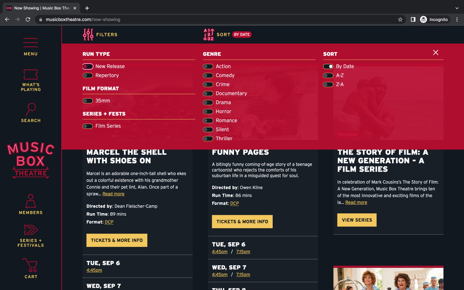 Example of filters and sort for content on musicboxtheatre.com