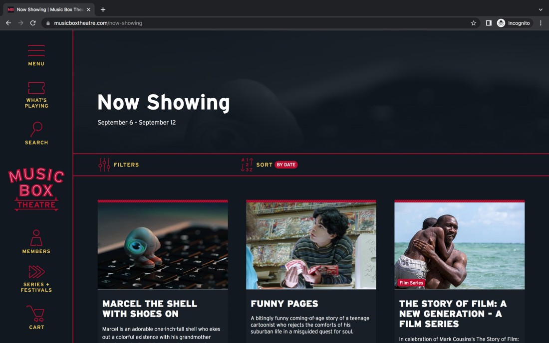 Example Now Showing page on musicboxtheatre.com