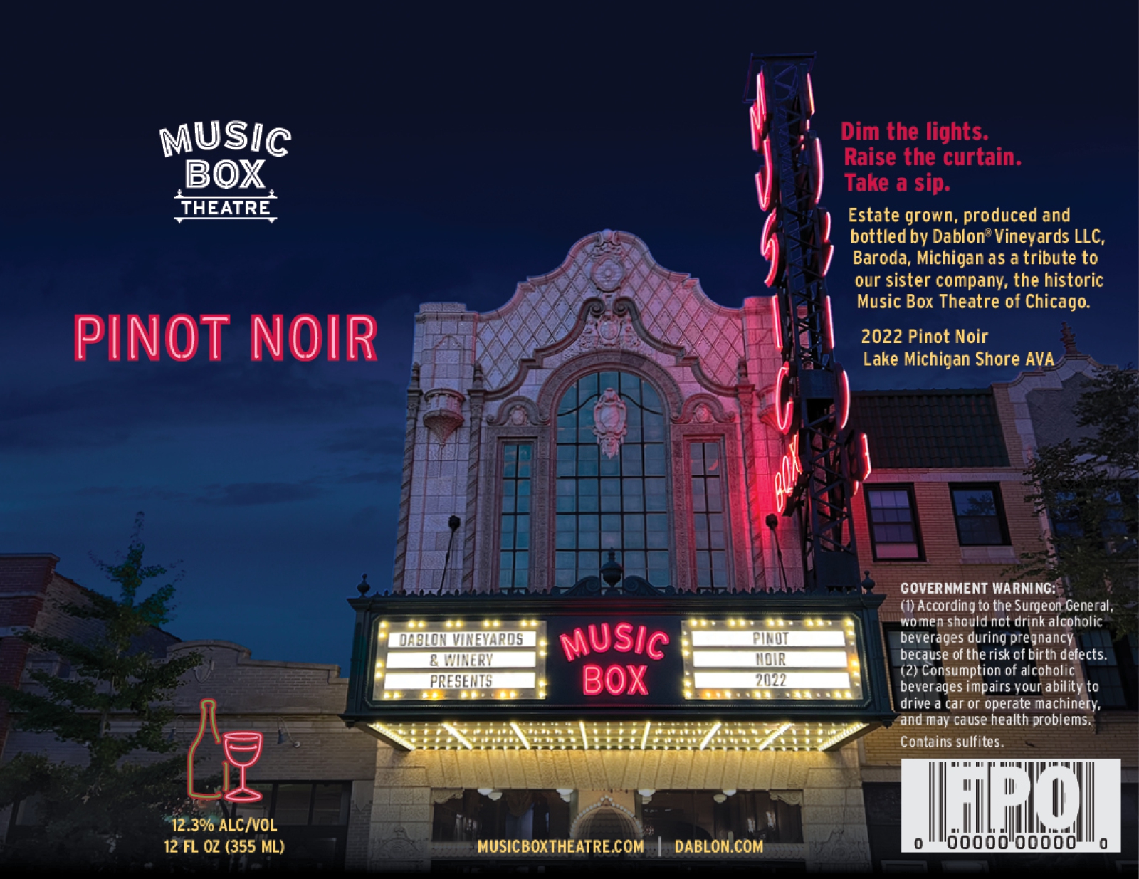 Music Box Theatre branded Pinot Noir wine can flat label