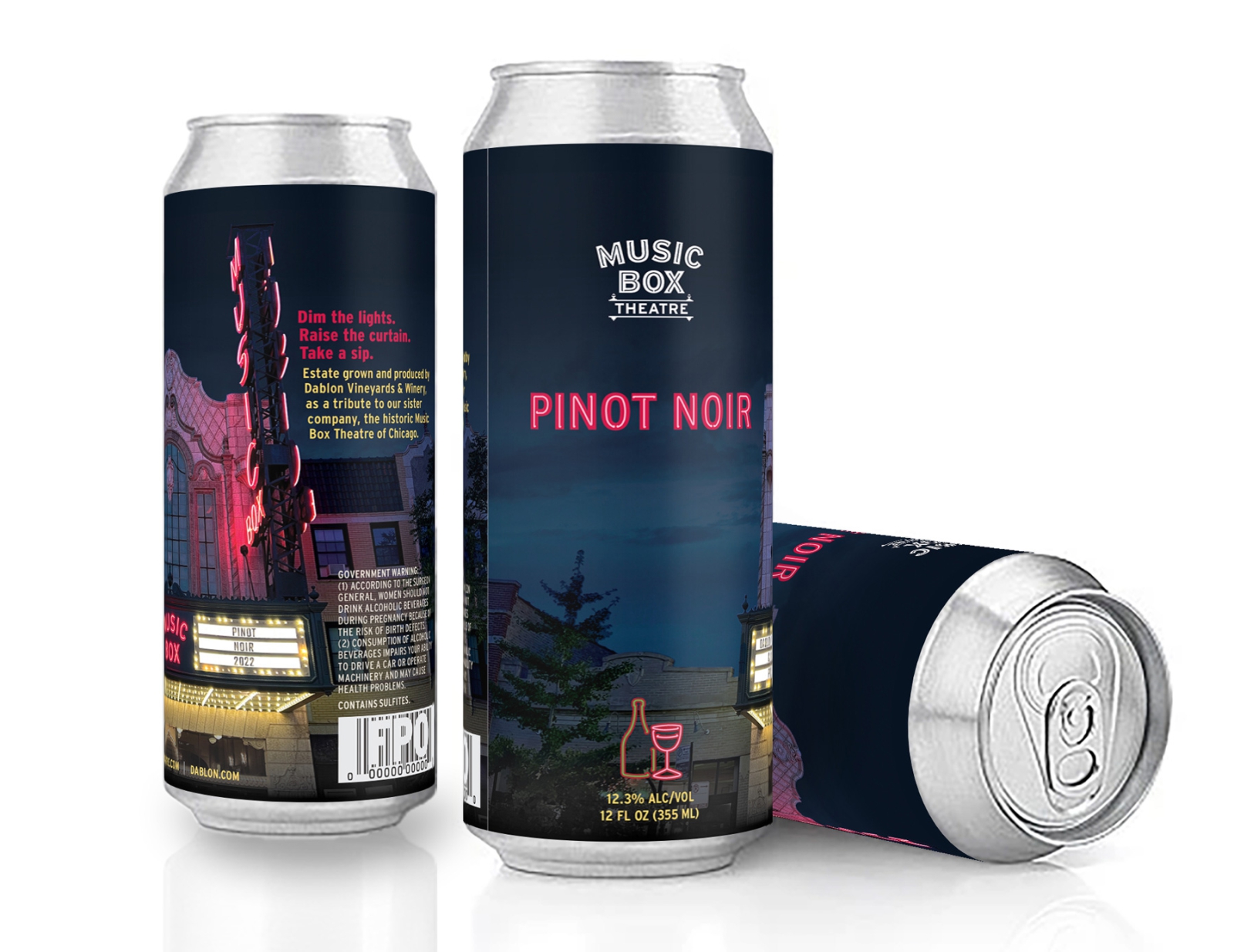 Music Box Theatre branded Pinot Noir wine can flat label