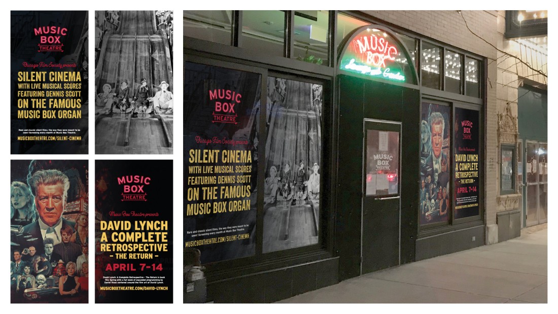 Example application of the Music Box Theatre identity to a set of window posters