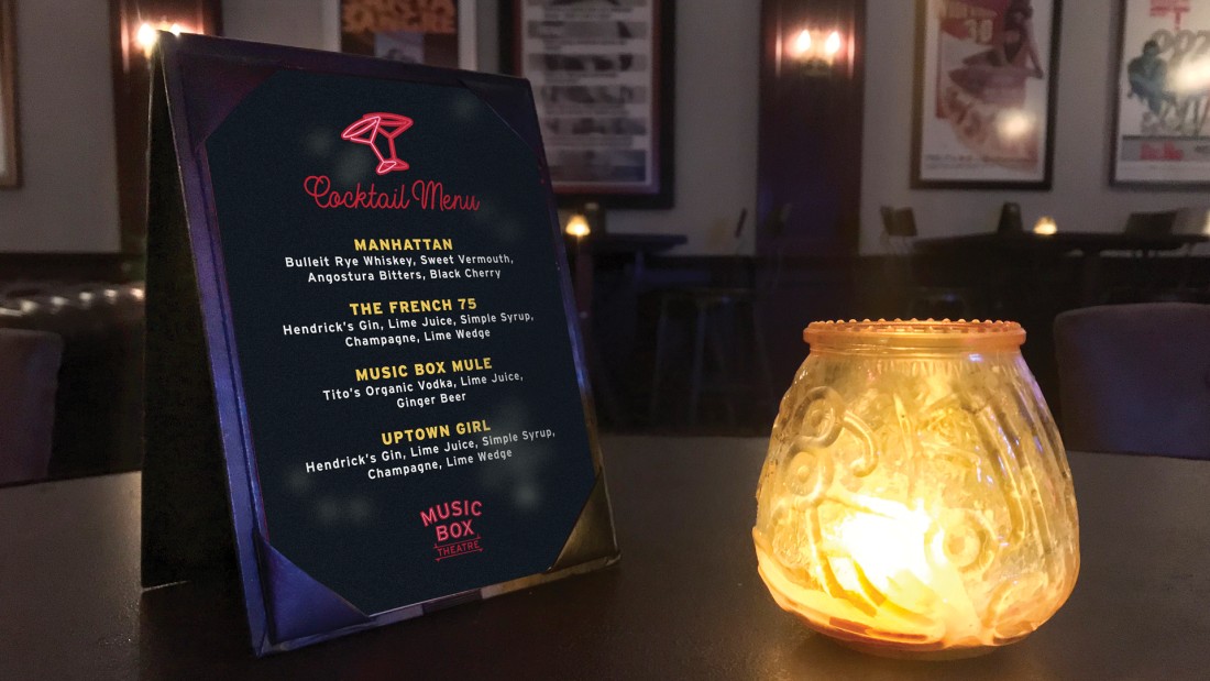 Example application of a drink menu with the Music Box Theatre identity system applied.