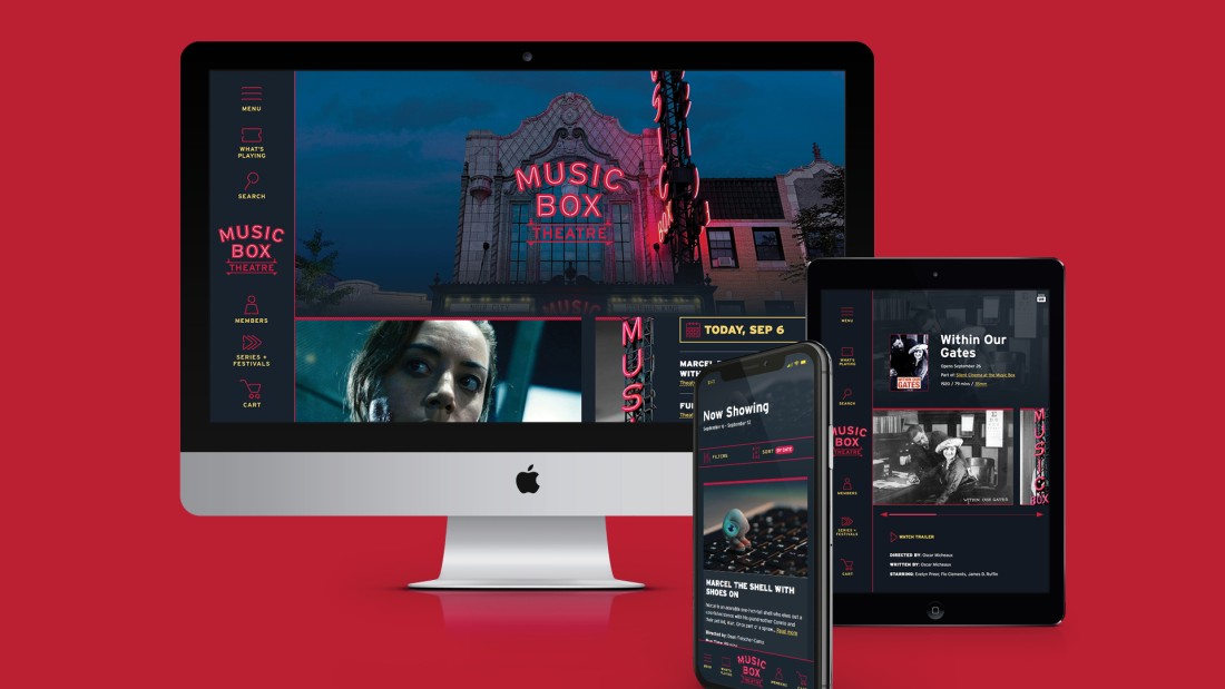 Screenshots of the Music Box Theatre website on desktop, tablet and mobile devices with the brand identity applied.
