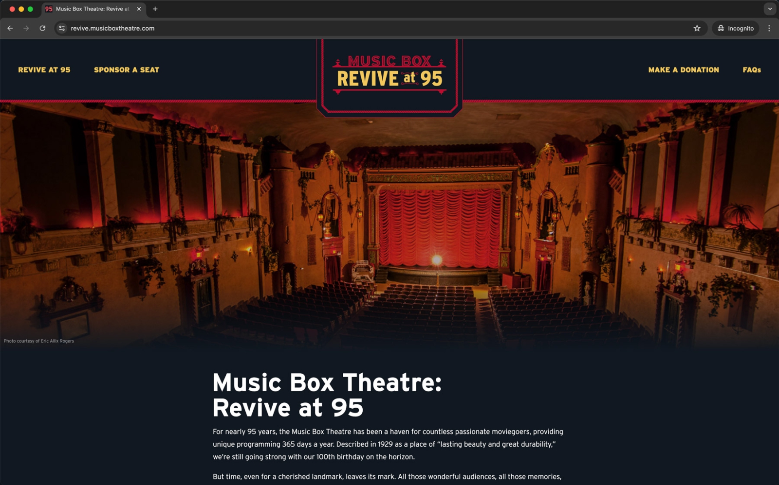 Revive at 95 website home page with wide photo of Music Box Theatre main auditorium