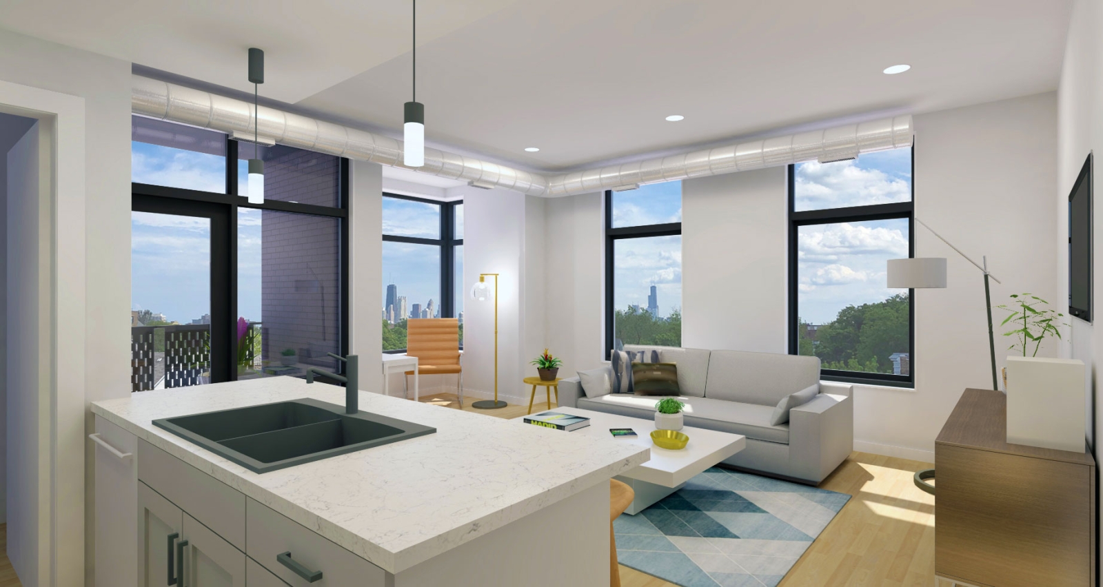 Interior rendering of a unit at SOBE Apartments.