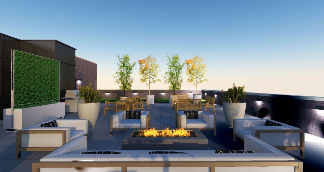 Rendering of SOBE roof deck with firepit and plush seating.