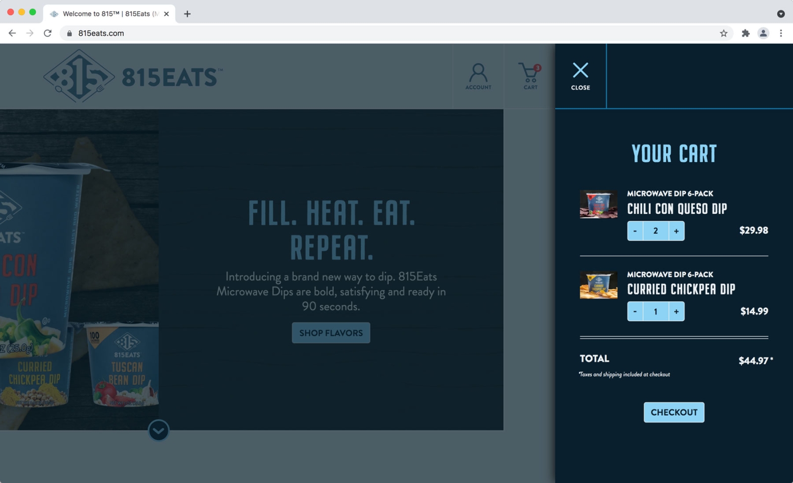 815Eats.com website shopping cart with Chili con Queso dip and Curried Chickpea dip in the cart