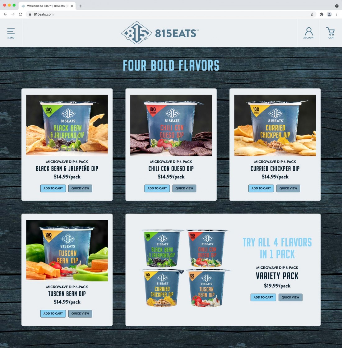 Screenshot of the 815Eats website that says "Four Bold Flavors" followed by each flavor, the price and an Add to Cart button. A fifth option reads "Try all 4 flavors in one pack" and allows a user to order the Variety Pack with all four flavors in one order.
