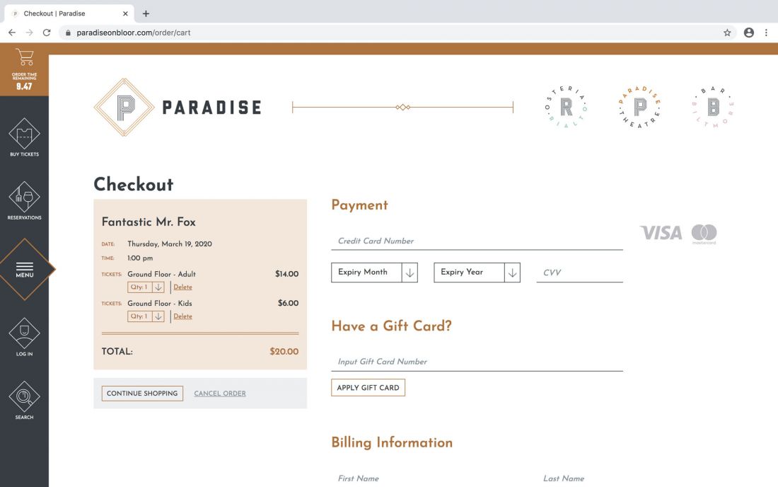 Paradise Theatre website checkout page