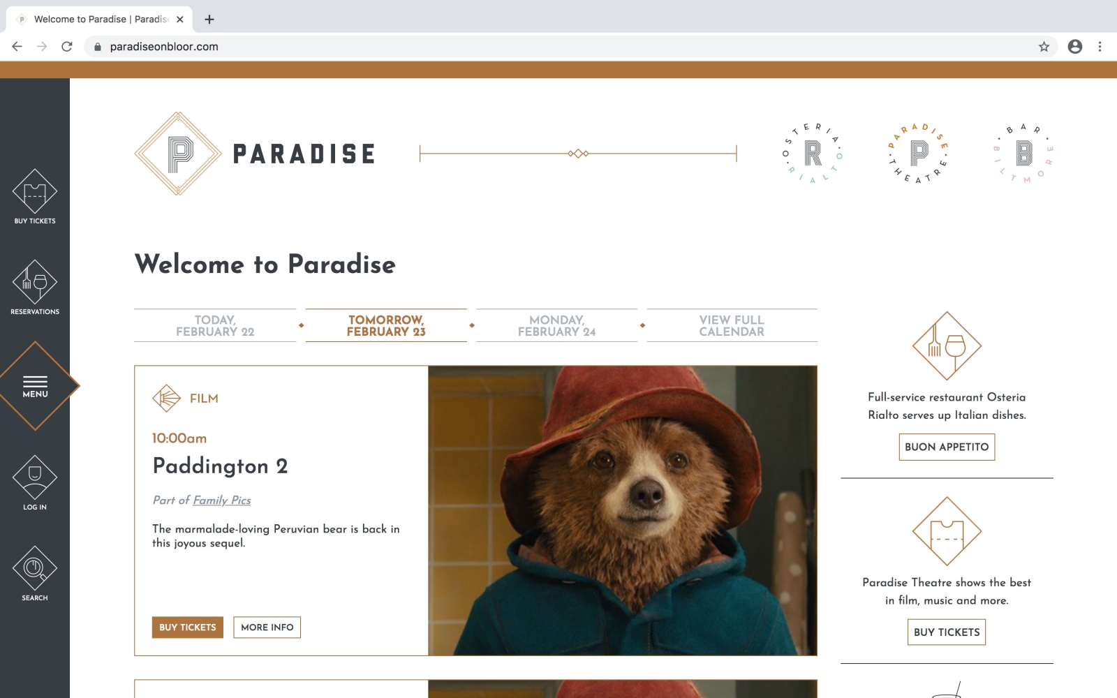 Home page of the Paradise Theatre website