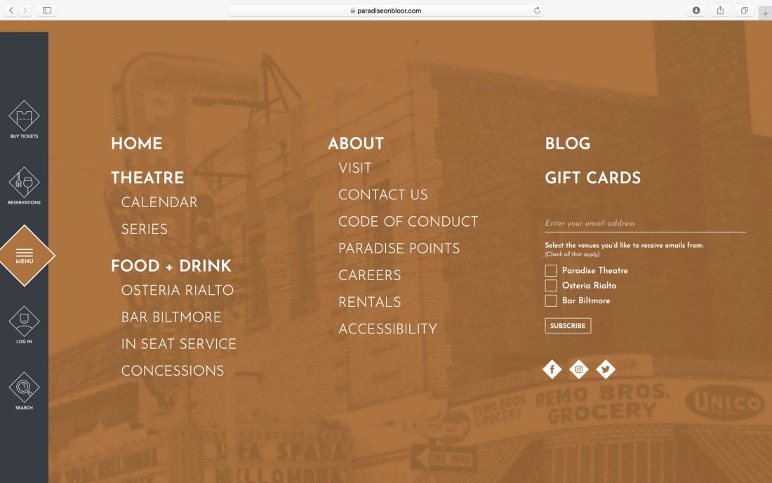 Paradise Theatre website navigation menu