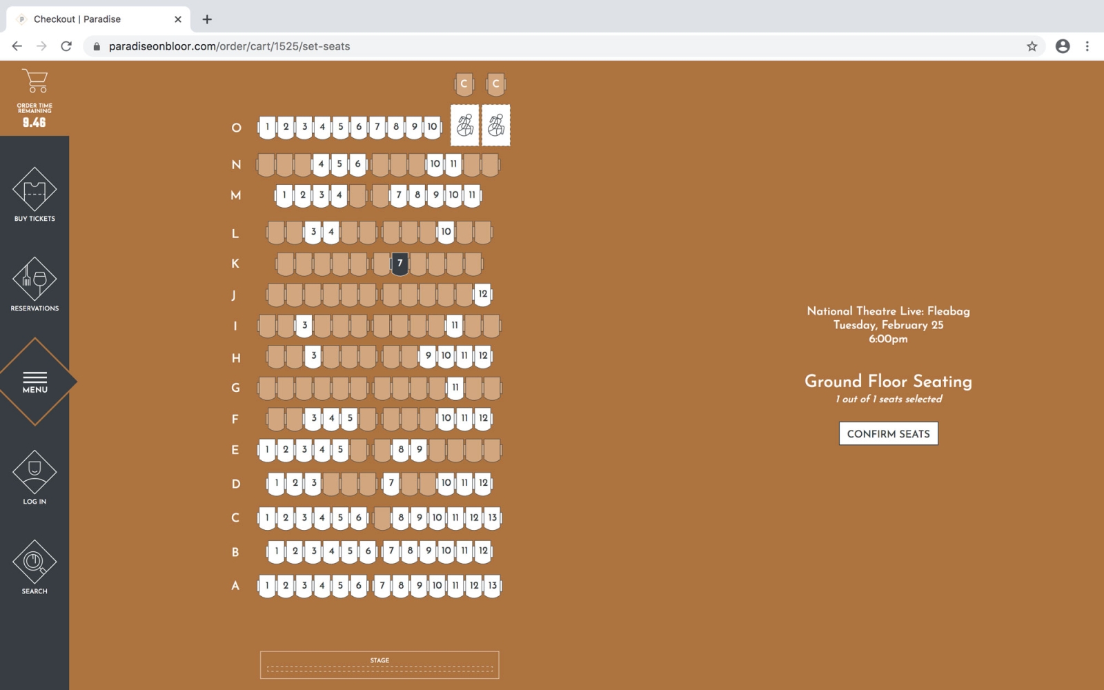 Paradise Theatre website seat selection