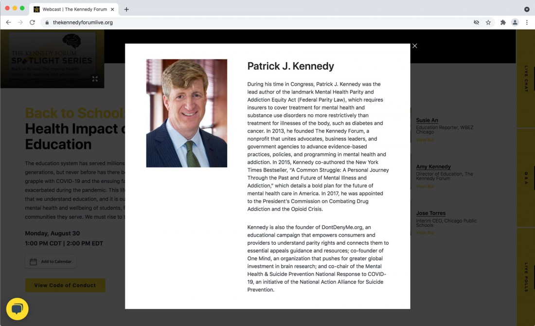 Screenshot of The Kennedy Forum Live with a modal over the website that contains Patrick J Kennedy's photo and biography.
