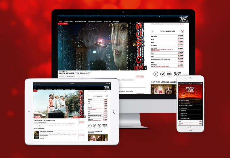 Music Box Theatre website shown on desktop, tablet and mobile devices.